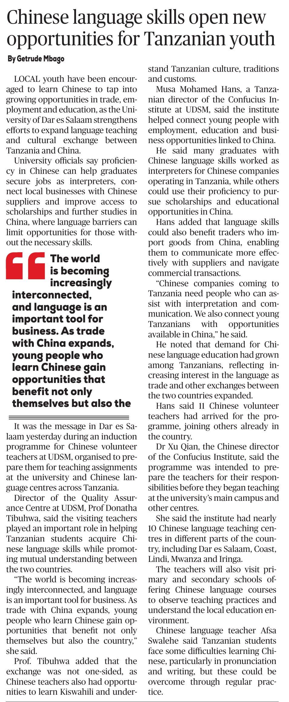 Newspaper cutting from The Guardian: Chinese language skills open new opportunities for Tanzanian youth